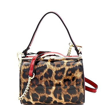 2-Way Leopard Print Patent Frame Medium Satchel