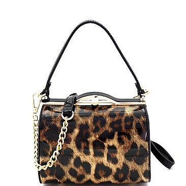 2-Way Leopard Print Patent Frame Medium Satchel