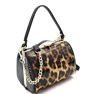 2-Way Leopard Print Patent Frame Medium Satchel