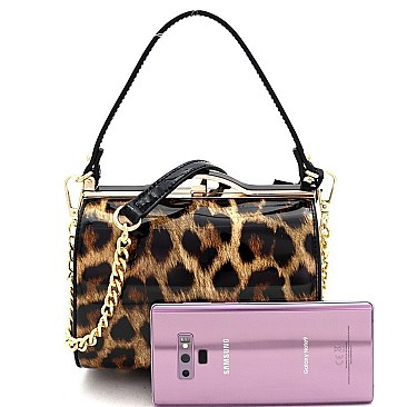 2-Way Leopard Print Patent Frame Medium Satchel