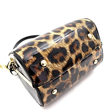 2-Way Leopard Print Patent Frame Medium Satchel