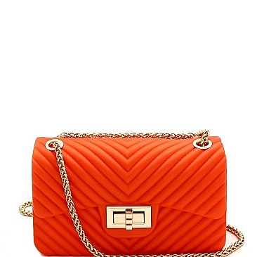 2-Way Chevron Embossed Jelly Small Turn-Lock Shoulder Bag