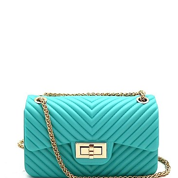 2-Way Chevron Embossed Jelly Small Turn-Lock Shoulder Bag