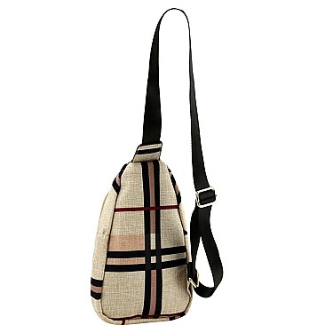 CHECKERED LINEN CROSS BODY SLING BAG