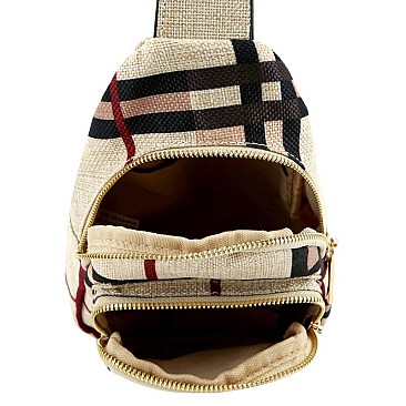 CHECKERED LINEN CROSS BODY SLING BAG