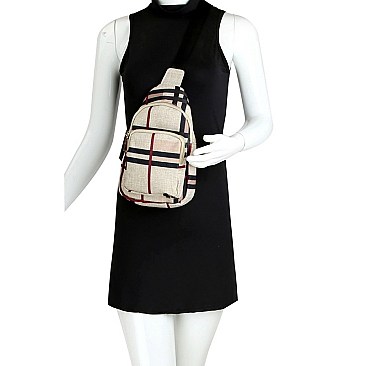 CHECKERED LINEN CROSS BODY SLING BAG