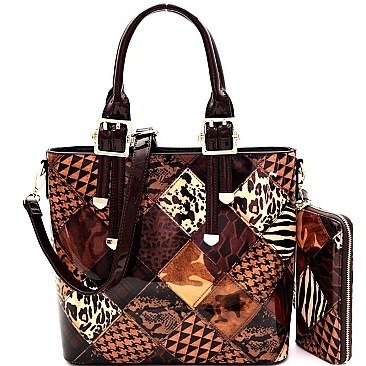 PATCHWORK ANIMAL PRINT SATCHEL WALLET SET