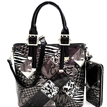 PATCHWORK ANIMAL PRINT SATCHEL WALLET SET