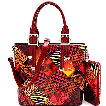 PATCHWORK ANIMAL PRINT SATCHEL WALLET SET