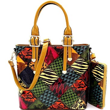 PATCHWORK ANIMAL PRINT SATCHEL WALLET SET