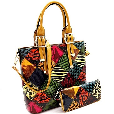 PATCHWORK ANIMAL PRINT SATCHEL WALLET SET