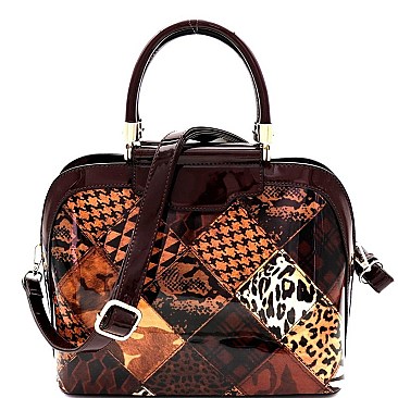 ANIMAL PRINT PATENT PATCHWORK DOME SATCHEL