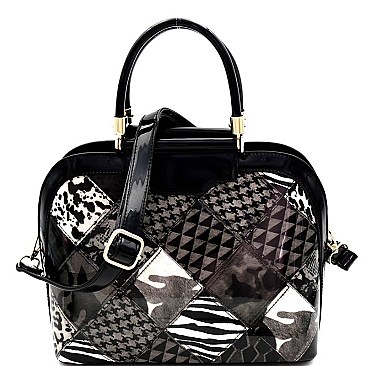 ANIMAL PRINT PATENT PATCHWORK DOME SATCHEL