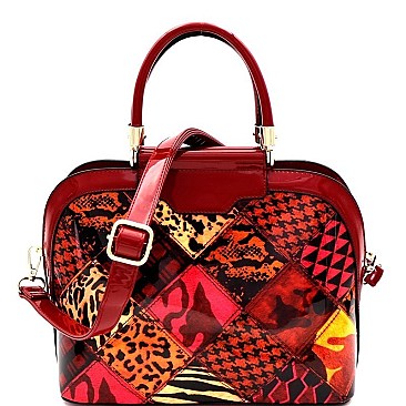 ANIMAL PRINT PATENT PATCHWORK DOME SATCHEL