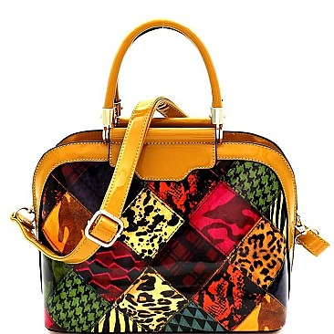 ANIMAL PRINT PATENT PATCHWORK DOME SATCHEL