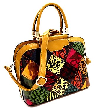 ANIMAL PRINT PATENT PATCHWORK DOME SATCHEL