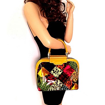 ANIMAL PRINT PATENT PATCHWORK DOME SATCHEL