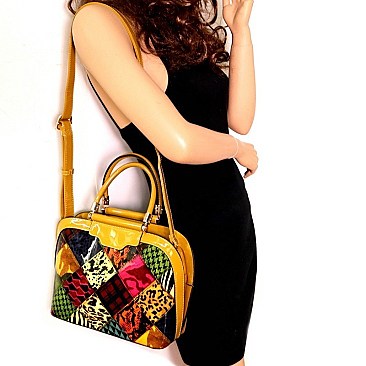ANIMAL PRINT PATENT PATCHWORK DOME SATCHEL