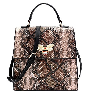 SNAKE PRINT RHINESTONE BEE CHARM FLAP SATCHEL