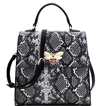 SNAKE PRINT RHINESTONE BEE CHARM FLAP SATCHEL