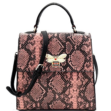 SNAKE PRINT RHINESTONE BEE CHARM FLAP SATCHEL