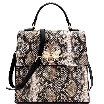 SNAKE PRINT RHINESTONE BEE CHARM FLAP SATCHEL