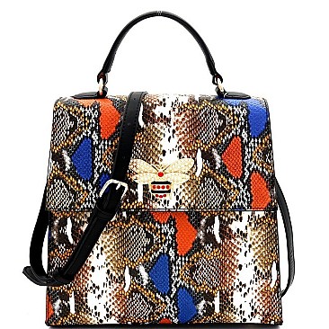 SNAKE PRINT RHINESTONE BEE CHARM FLAP SATCHEL