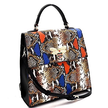 SNAKE PRINT RHINESTONE BEE CHARM FLAP SATCHEL