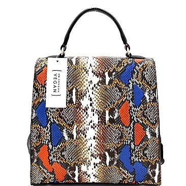 SNAKE PRINT RHINESTONE BEE CHARM FLAP SATCHEL