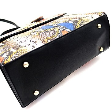SNAKE PRINT RHINESTONE BEE CHARM FLAP SATCHEL