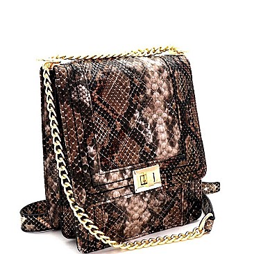TURN-LOCK SNAKE PRINT CHAIN SHOULDER BAG