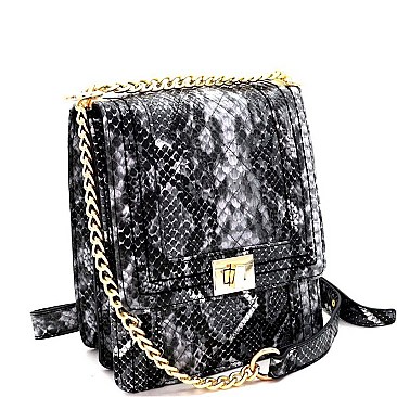 TURN-LOCK SNAKE PRINT CHAIN SHOULDER BAG