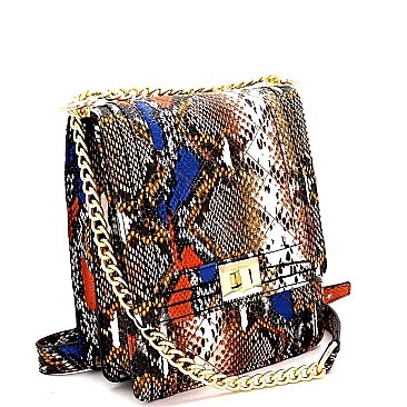 TURN-LOCK SNAKE PRINT CHAIN SHOULDER BAG