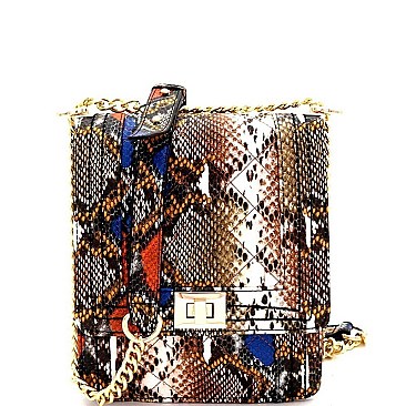 TURN-LOCK SNAKE PRINT CHAIN SHOULDER BAG