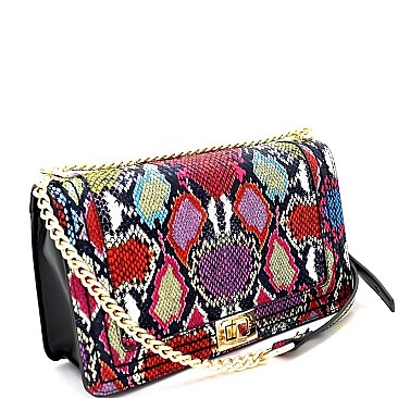 Turn-Lock Multi-Colored Snake Print Shoulder Bag