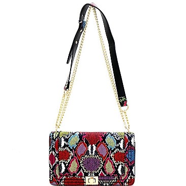 Turn-Lock Multi-Colored Snake Print Shoulder Bag