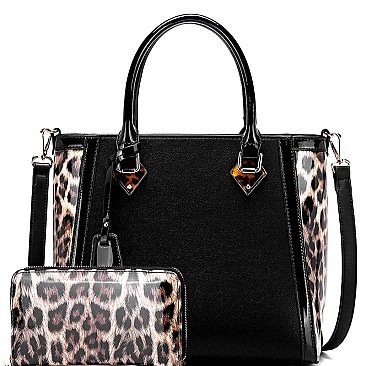 2 WAY PATENT LEOPARD TRIM TOTE WALLET SET