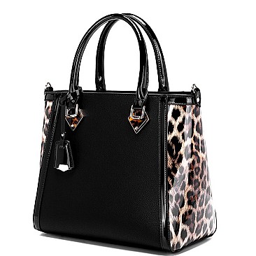 2 WAY PATENT LEOPARD TRIM TOTE WALLET SET