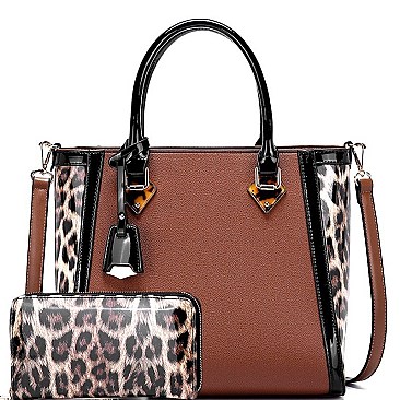 2 WAY PATENT LEOPARD TRIM TOTE WALLET SET