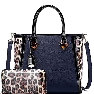 2 WAY PATENT LEOPARD TRIM TOTE WALLET SET