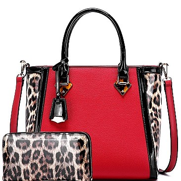 2 WAY PATENT LEOPARD TRIM TOTE WALLET SET