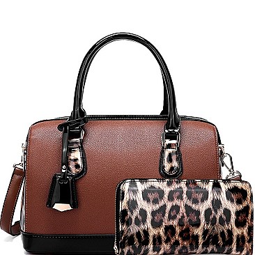 2 WAY PATENT LEOPARD TRIM BOSTON SATCHEL SET