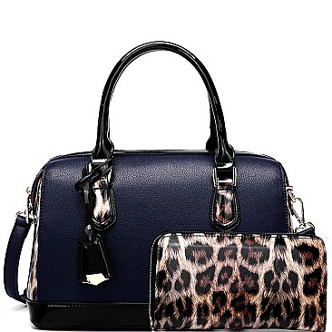 2 WAY PATENT LEOPARD TRIM BOSTON SATCHEL SET