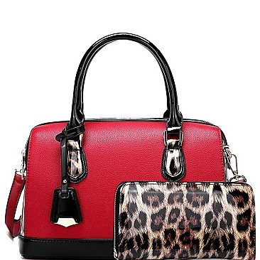 2 WAY PATENT LEOPARD TRIM BOSTON SATCHEL SET