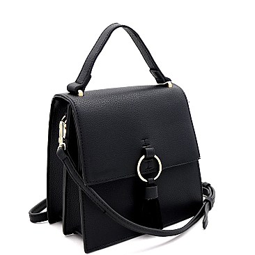 Medium Metal Ring Tassel Accent Flap Satchel Shoulder Bag
