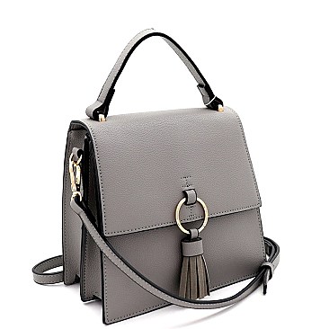 Medium Metal Ring Tassel Accent Flap Satchel Shoulder Bag