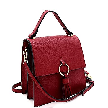 Medium Metal Ring Tassel Accent Flap Satchel Shoulder Bag