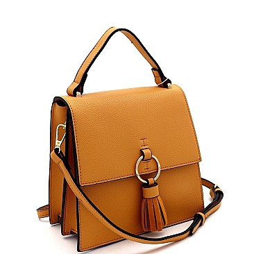 Medium Metal Ring Tassel Accent Flap Satchel Shoulder Bag