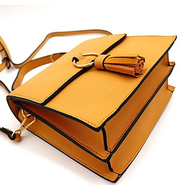 Medium Metal Ring Tassel Accent Flap Satchel Shoulder Bag