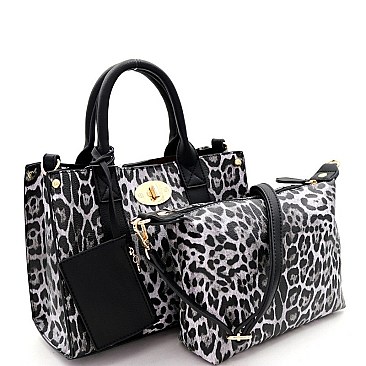 2 in 1 Medium Leopard Print Turn-Lock Accent Satchel